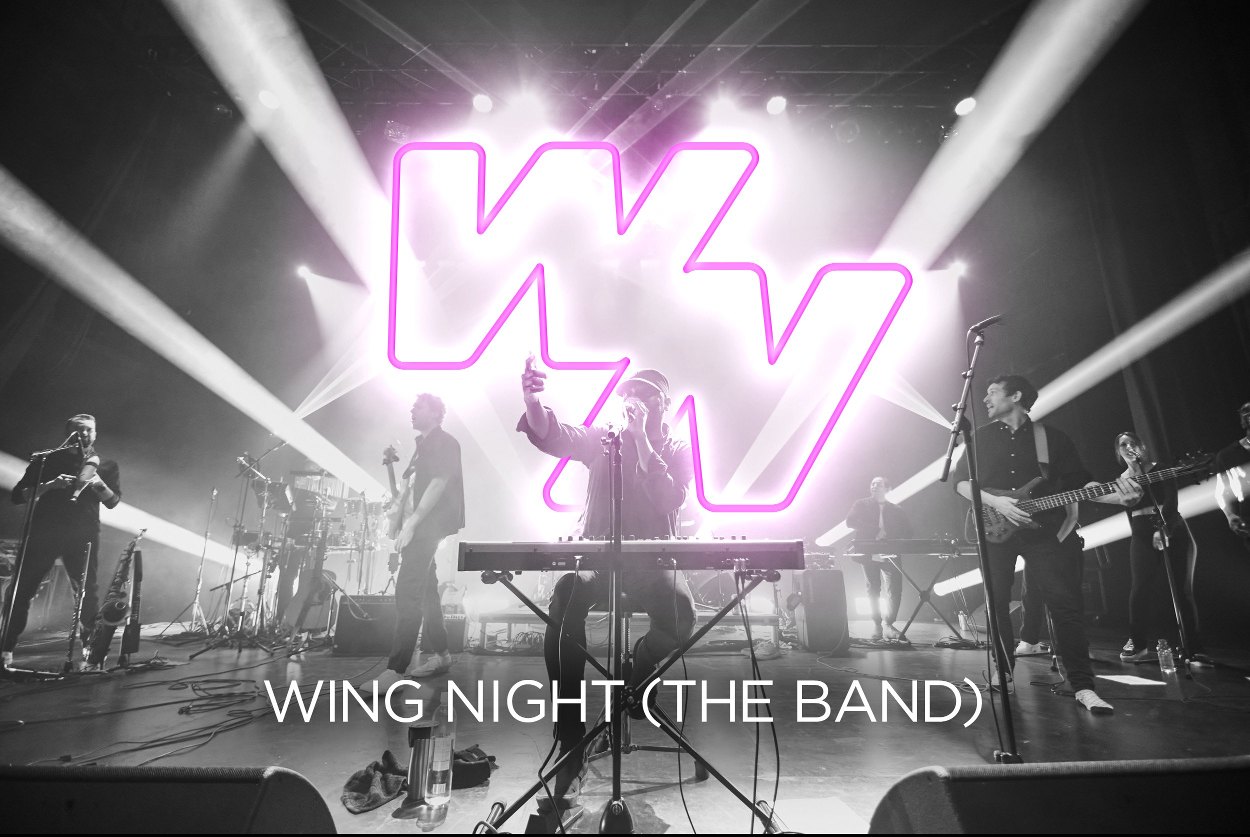 Wing Night performing onstage with the band logo